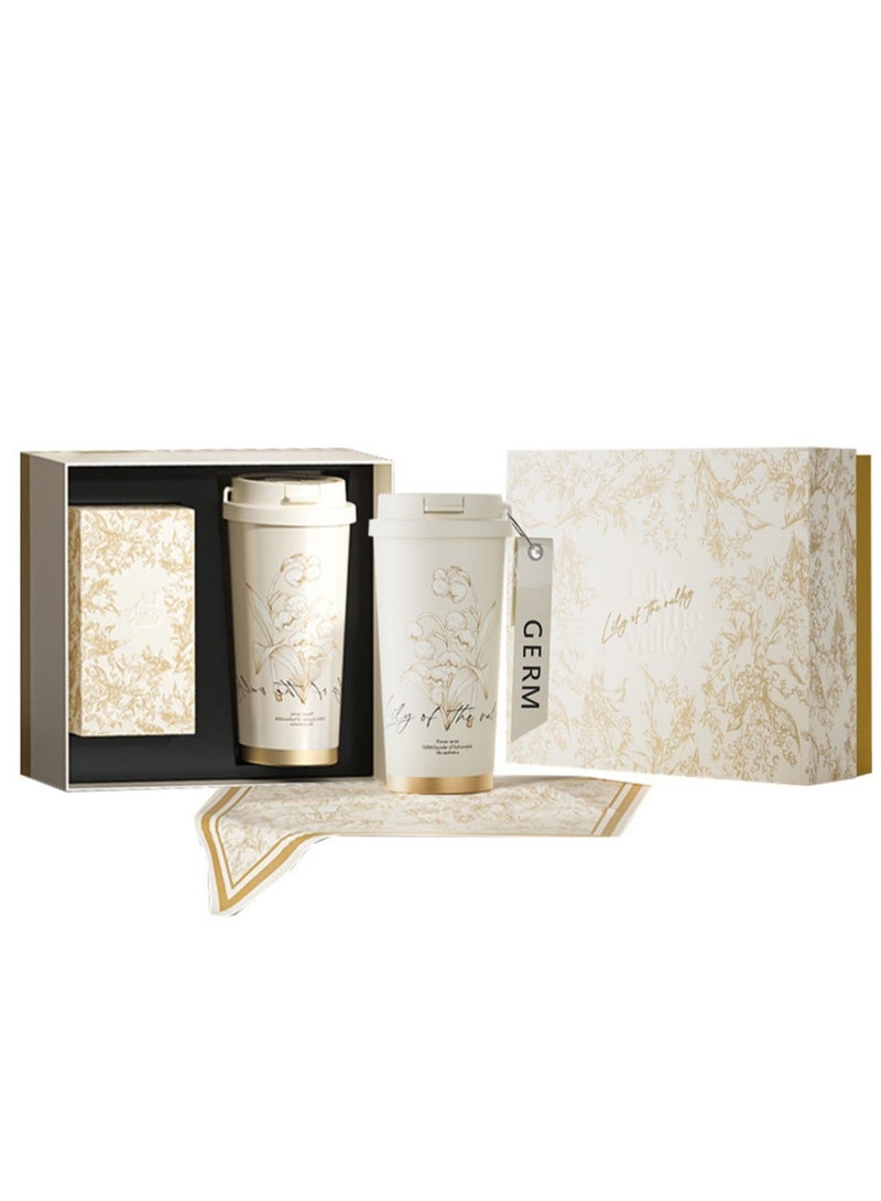 GERM Lily of the Valley Gift Box – GERM 500ml Vacuum Tumbler with Scarf | Antique White Floral Insulated Bottle | Leak-Proof Stainless Steel Travel Mug | Elegant Gift for Women | BPA-Free Thermos - Image 1