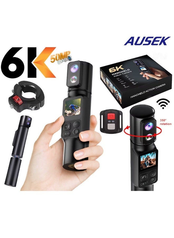 AUSEK 6K Action Camera, WIFI Dual Lens Pocket Camera, 350° Rotating Lens, 50MP Vlogging Camera, 2600mAh+2600mAh Battery, 6-Axis Stabilizer, Touch Screen, Support Time-Lapse Recording/Slow Motion/Pre-Recording - Image 1
