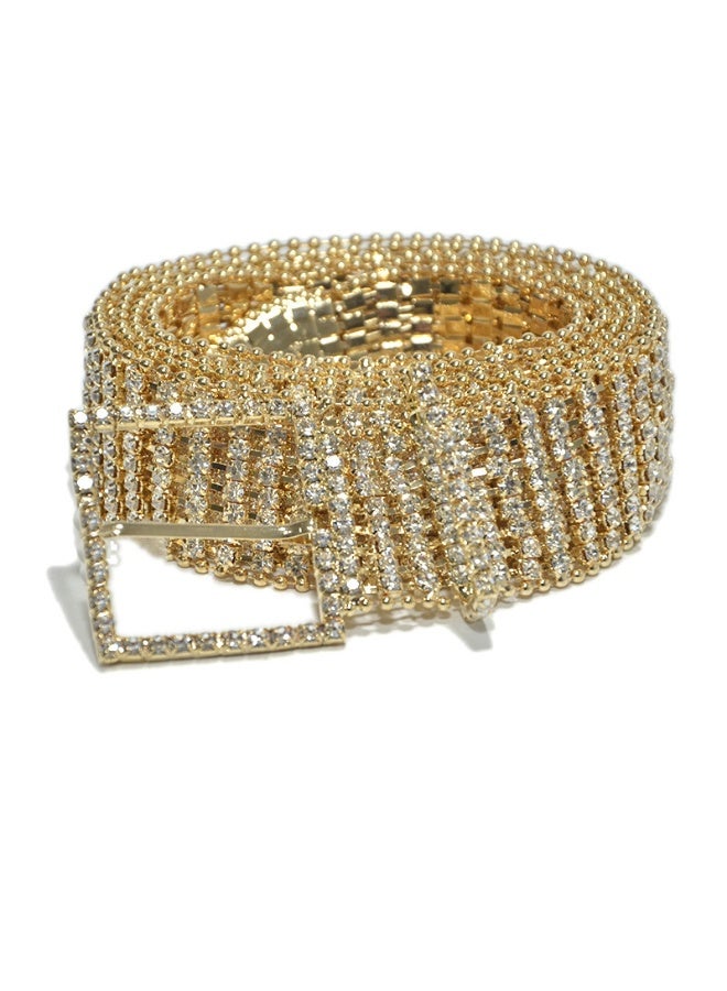 xozgdovg Ladies Casual Studded Belt Rhinestone Buckle Gold 