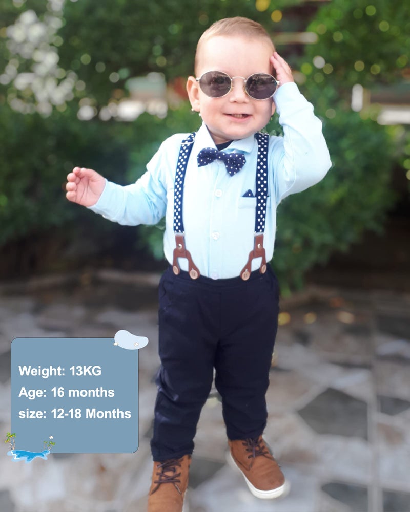 YALLET طقم ملابس أطفال صبي من يالت - بدلة توكسيدو بأكمام طويلة + قبعة بيري + بنطال مع حمالات + ربطة عنق 0-18 شهر - Image 2
