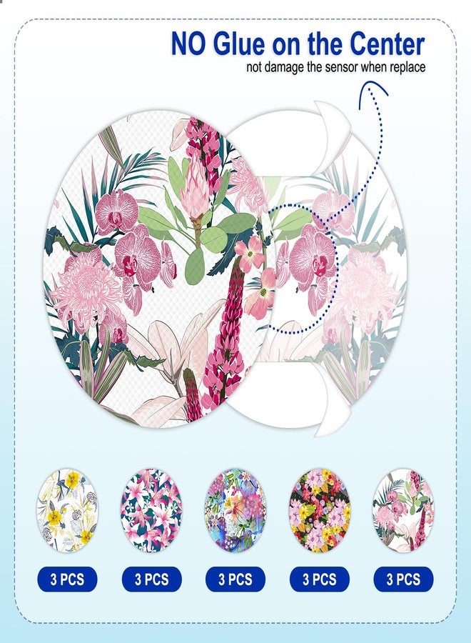 HONYOU 15Pcs Libre 3 Plus Sensor Covers Waterproof & Sweatproof, Floral Blossom Pattern Print 15 Days Long Stay Protective Hypoallergenic & Latex-Free, No Hole CGM Adhesive Patches for Libre 3 - Image 5
