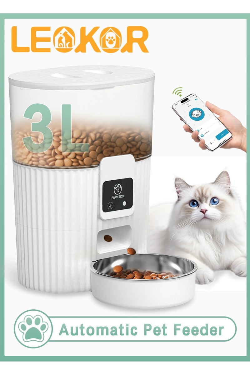LEOKOR Automatic Cat Feeder, 2.4G WiFi Pet Feeder for Dog, Timed Cat Food Dispenser for Remote Feeding with Stainless Steel Bowl up to 10 Meals Per Day with APP (White) - Image 1