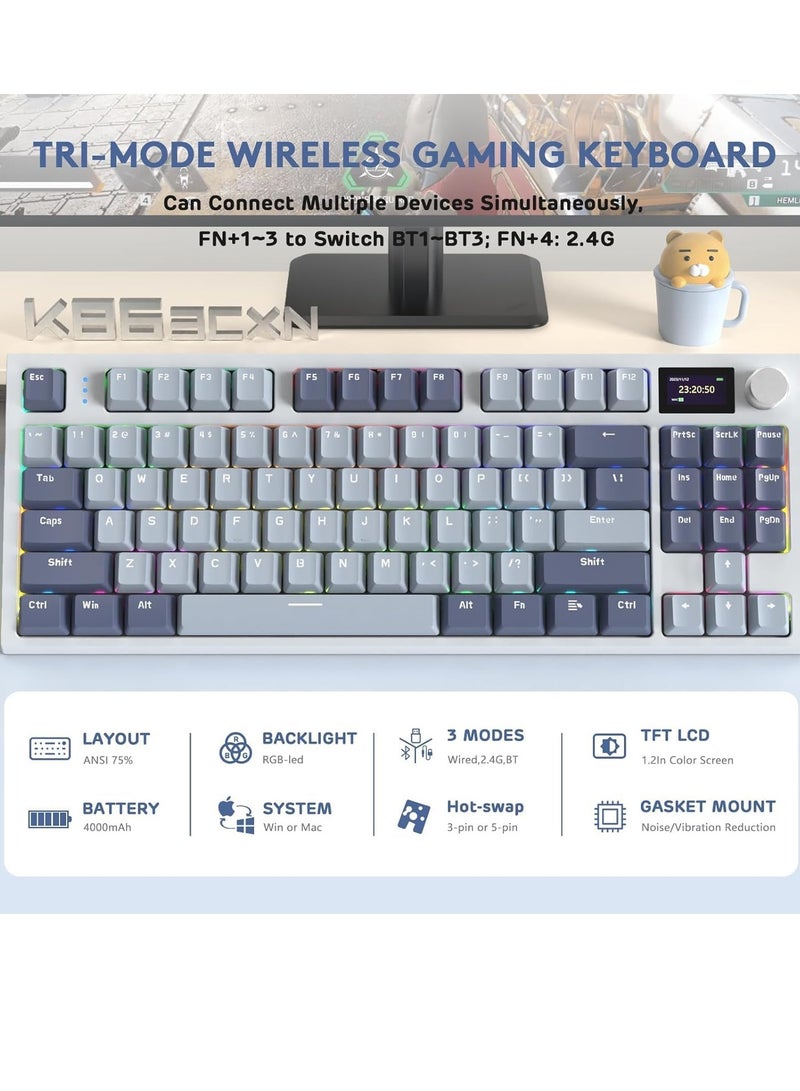 Attack Shark K86 RGB Wireless Gasket Mechanical Keyboard,Triple Mode Bluetooth5.0/2.4G/USB-C 87 Keys Hot Swappable Gaming Keyboard, 4000 mAh Battery 1.2'' HD OLED Display Volume Rotary Button for Games and Work - Image 2