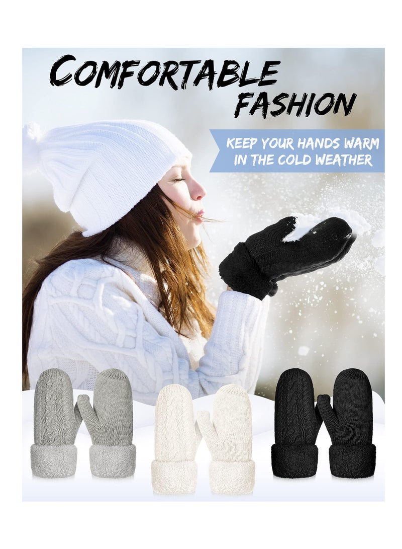 Warm Winter Mittens for Women 3 Pairs Fleece Lined Cozy Crochet Knit Gloves Cold Weather Accessories Black White Grey - Image 3