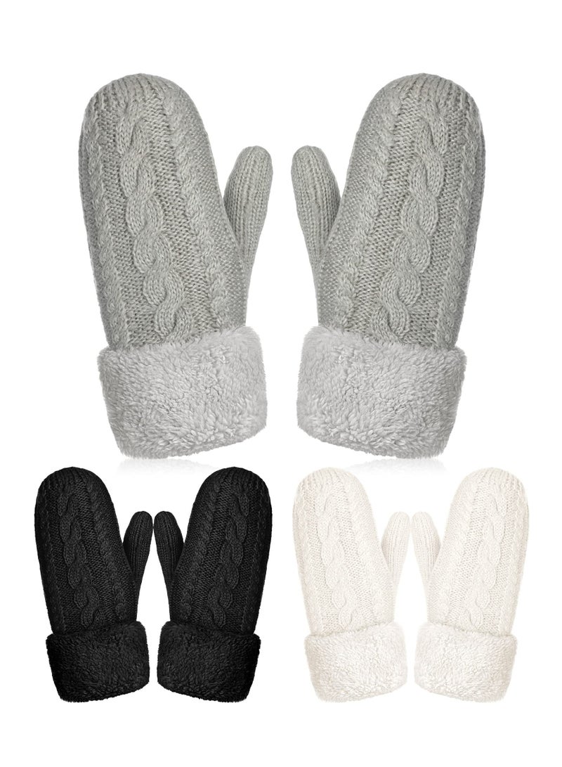 Warm Winter Mittens for Women 3 Pairs Fleece Lined Cozy Crochet Knit Gloves Cold Weather Accessories Black White Grey - Image 1