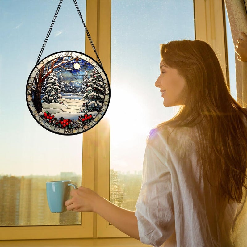 داستول تعليق نافذة زجاج ملون ، مشهد ثلجي شتوي، لوح زجاجي لاقط شمس لأشجار وجبال، ديكور عيد ميلاد للنساء والرجال والزوجات والعمات والأمهات، مقاس 11.8 × 11.8 بوصة - Image 3
