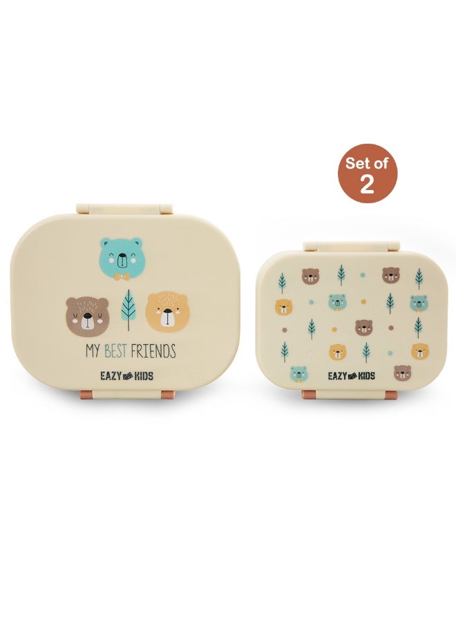 Eazy Kids مجموعة صندوق غداء بينتو شخصية للأطفال من Eazy Kids - 2 قطع، 1200 مل + 760 مل، مانع للتسرب، خالٍ من BPA، حاويات طعام بمقصورات - فريند آيفوري - Image 4