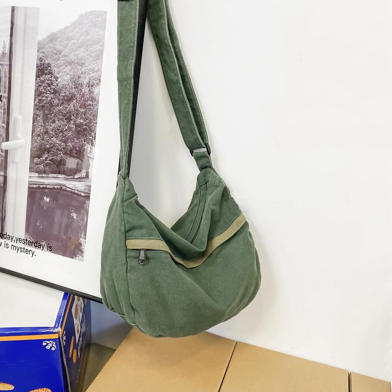 PRAGARI Canvas Messenger Bag Hobo Crossbody Bag for Women Green Shoulder Tote Handbag Vintage Aesthetic Travel Work - Image 3