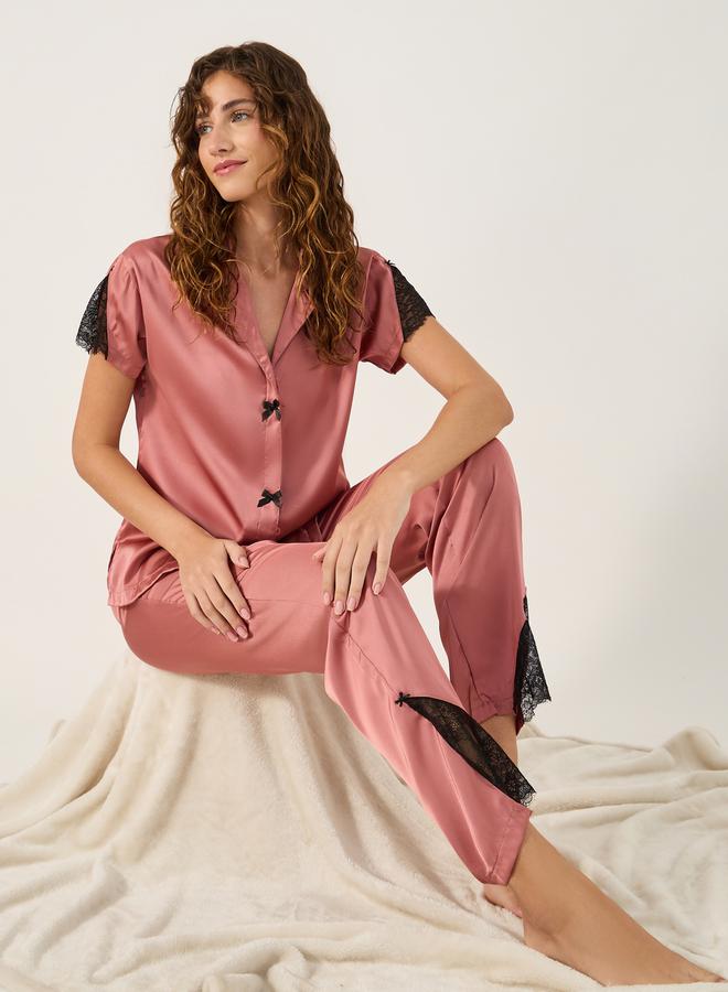 Styli Lace Insert Collared Shirt and Pyjama Set - Image 1