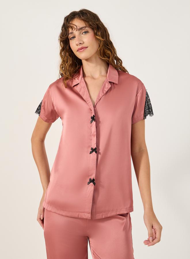 Styli Lace Insert Collared Shirt and Pyjama Set - Image 3