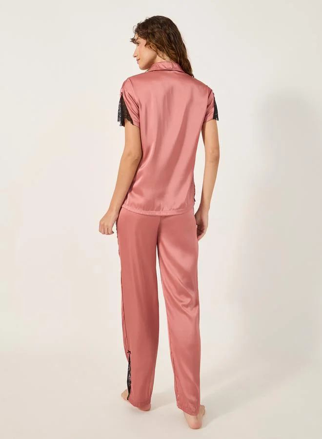 Styli Lace Insert Collared Shirt and Pyjama Set