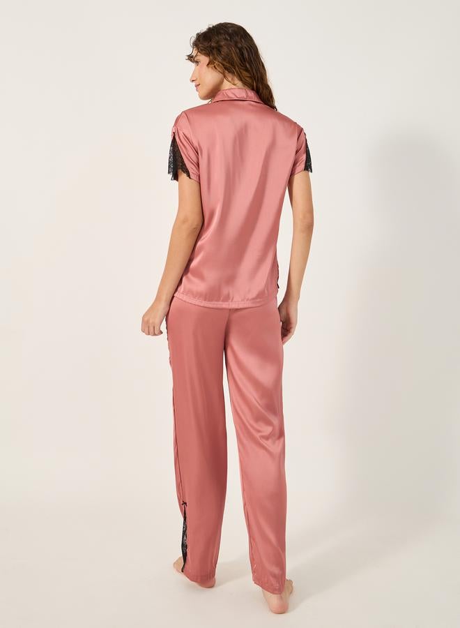 Styli Lace Insert Collared Shirt and Pyjama Set - Image 5