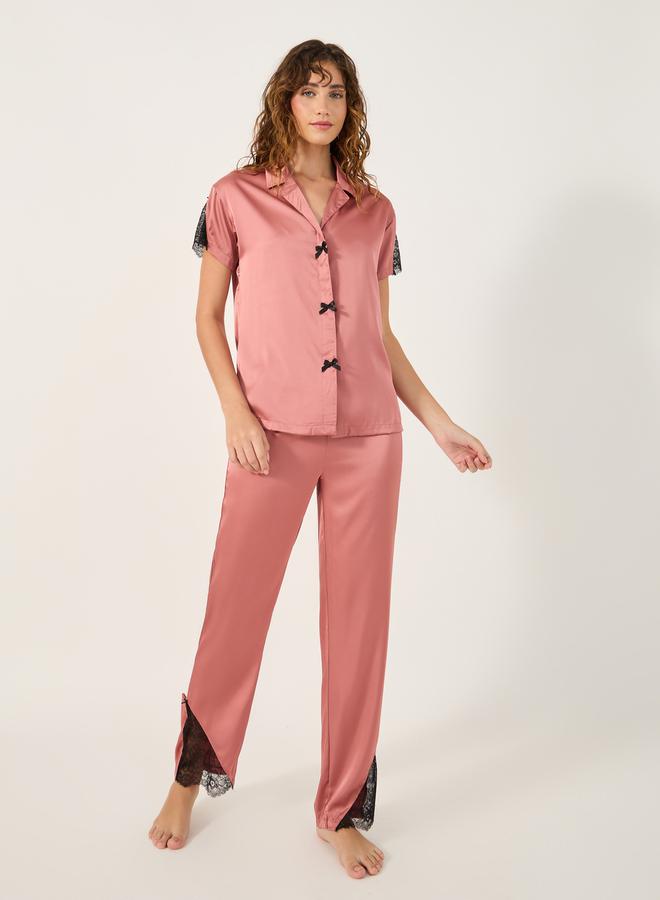 Styli Lace Insert Collared Shirt and Pyjama Set - Image 2