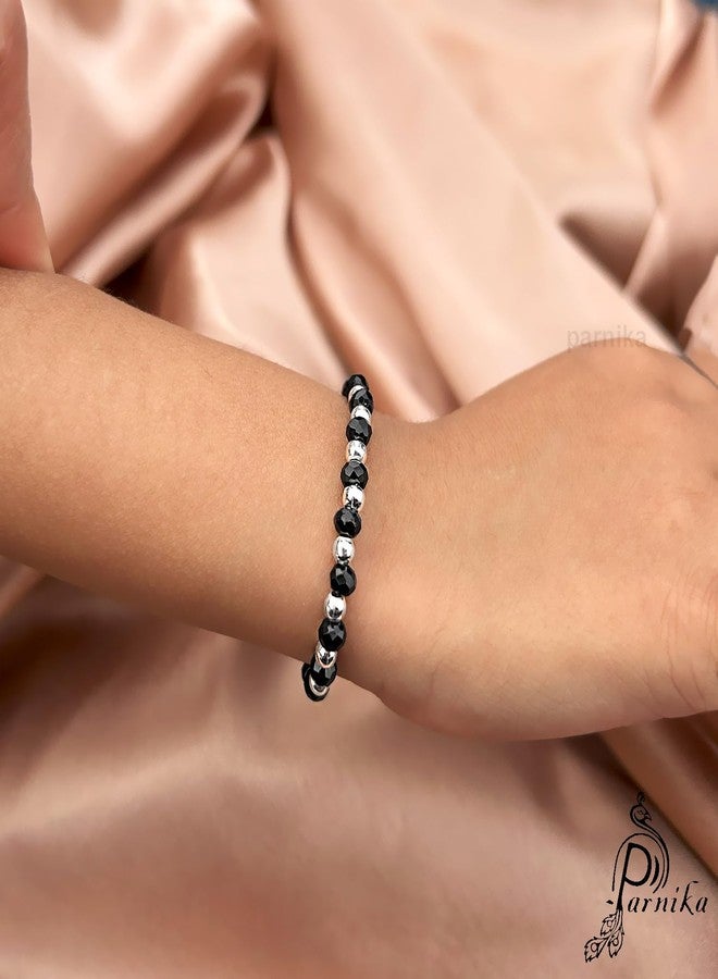 Parnika (Formerly MJ 925 Traditional Silver & Black Crystals Baby Nazariya Kids Silver Bracelet in Pure 92.5 Sterling Silver for Kids - One pair (Silver Balls) - Image 2