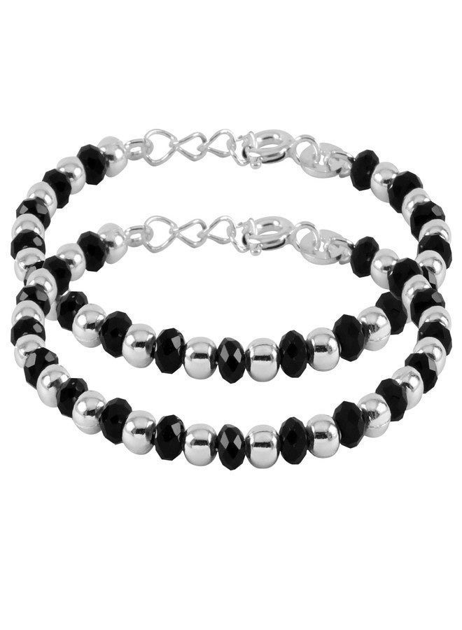 Parnika (Formerly MJ 925 Traditional Silver & Black Crystals Baby Nazariya Kids Silver Bracelet in Pure 92.5 Sterling Silver for Kids - One pair (Silver Balls) - Image 1