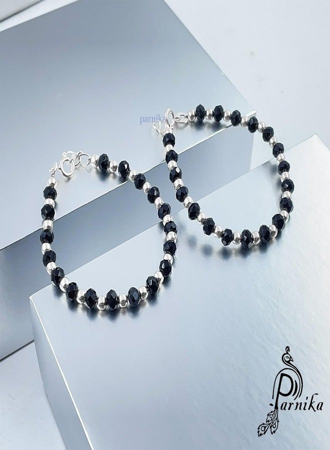 Parnika (Formerly MJ 925 Traditional Silver & Black Crystals Baby Nazariya Kids Silver Bracelet in Pure 92.5 Sterling Silver for Kids - One pair (Silver Balls) - Image 3