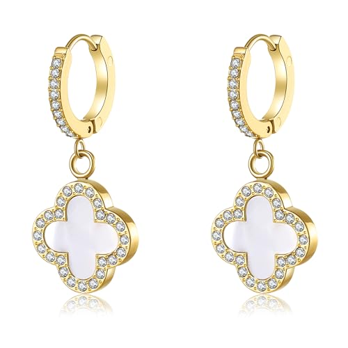 AIPPK Clover for Women White Clover Hoop Earrings 18K Gold Plated Four Leaf Lucky Drop Earrings Jewelry Gifts - Image 1