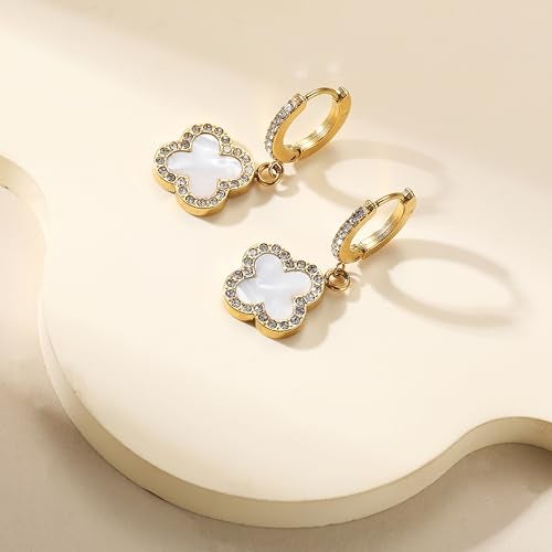 AIPPK Clover for Women White Clover Hoop Earrings 18K Gold Plated Four Leaf Lucky Drop Earrings Jewelry Gifts - Image 3