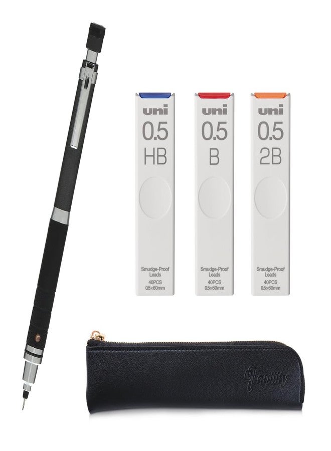 QULLITY KURU TOGA Roulette Model 0.5mm Gun-metallic body + HB/B/2B Refills, original Black slim pen case - Image 1