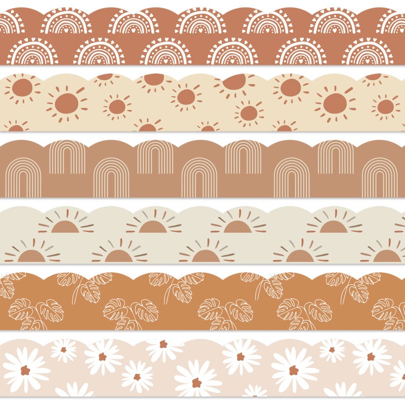 Whaline 82Ft Modern Boho Bulletin Board Borders Boho Decoration Borders Retro Floral Daisy Sun Trim Border Boho Bulletin Board Stickers for School Classroom Office Party Decoration