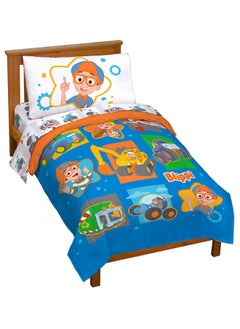 جاي فرانكو طقم لحاف للأطفال الصغار من Blippi & Meekah Trucks - طقم ملاءات سرير وغطاء وسادة باللون الأزرق مكون من 4 قطع - طقم سرير من الألياف الدقيقة فائقة النعومة  - Image 1