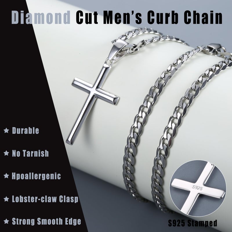 Besteel 925 Sterling Silver Cross Necklace Beveled Edge for Men Women 5mm Stainless Steel Diamond Cut Durable Cuban Link Curb Chain Crucifix Pendant Necklace Jewelry 30 Inches - Image 4