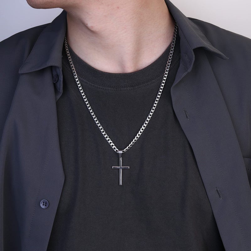 Besteel 925 Sterling Silver Cross Necklace Beveled Edge for Men Women 5mm Stainless Steel Diamond Cut Durable Cuban Link Curb Chain Crucifix Pendant Necklace Jewelry 30 Inches - Image 2