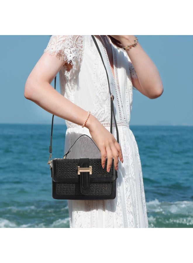 Black Woven Straw Crossbody Bag for Women with Adjustable Strap - Image 3