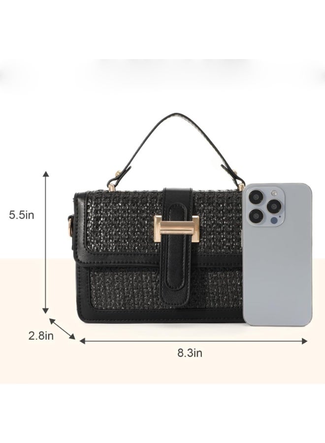Black Woven Straw Crossbody Bag for Women with Adjustable Strap - Image 2