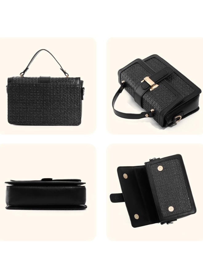Black Woven Straw Crossbody Bag for Women with Adjustable Strap - Image 4