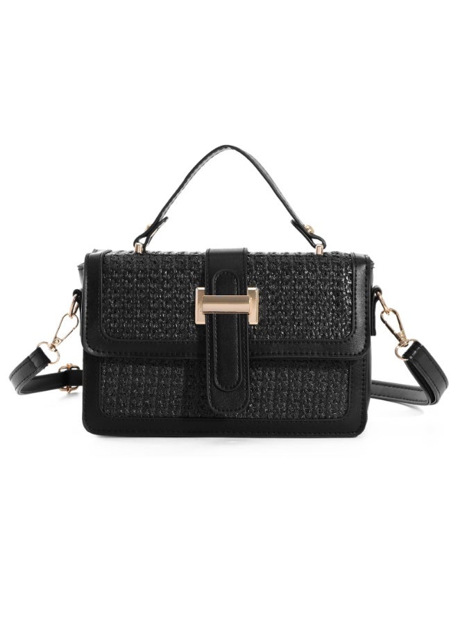 Black Woven Straw Crossbody Bag for Women with Adjustable Strap - Image 1