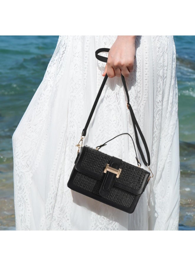 Black Woven Straw Crossbody Bag for Women with Adjustable Strap - Image 5