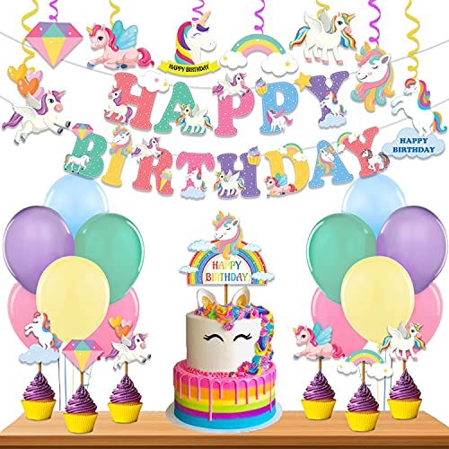 Festiko® Unicorn Theme Happy Birthday Party Decoration Combo (36 Pcs), Unicorn Themes Party Favors for Kids Birthday Decoration(Banner/Bunting,Swirls,Balloons,Cake Toppers,Cup Cake Topper,Ribbons) - Image 1