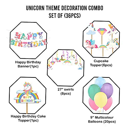 Festiko® Unicorn Theme Happy Birthday Party Decoration Combo (36 Pcs), Unicorn Themes Party Favors for Kids Birthday Decoration(Banner/Bunting,Swirls,Balloons,Cake Toppers,Cup Cake Topper,Ribbons) - Image 2