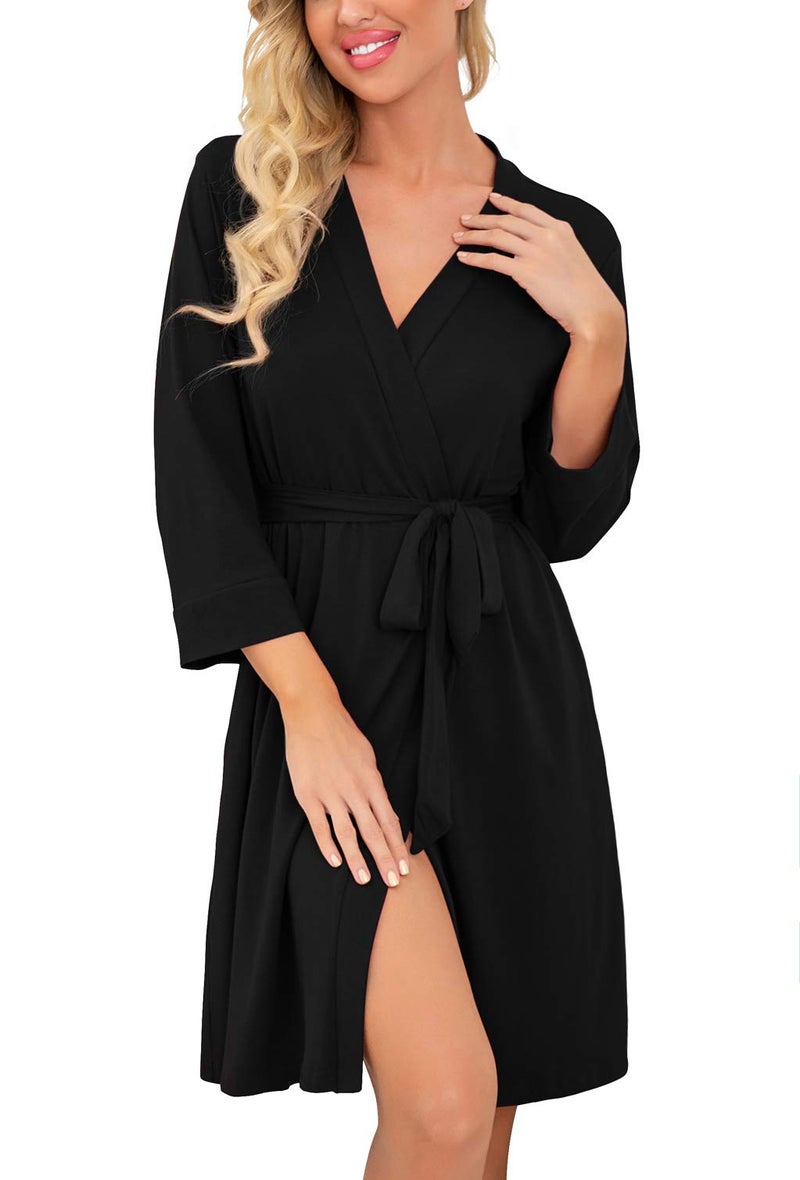 PrinStory Women Kimono Robes Short Lightweight Robe Soft Knit Sleepwear Casual Knit Bathrobe Ladies Loungewear Black-Medium - Image 1