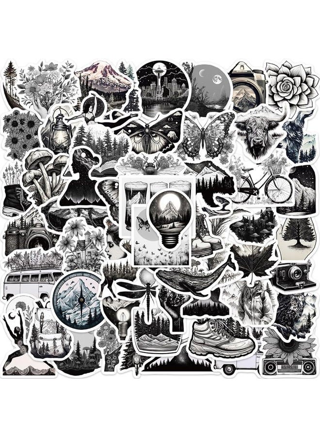 Pigbit 60Pcs Black White Outdoor Travel Nature Stickers - Vinyl Waterproof Forest Wildlife Camping Stickers for Water Bottles,Laptops,Scrapbooks,Luggage - Image 1
