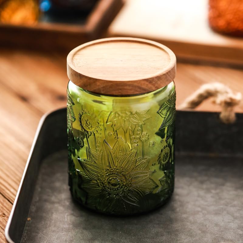 ANSQU Vintage 23.7oz Glass Storage Jar with Solid Wood Lid - Sunflower Kitchen Canister for Tea, Coffee, Candy, Cookies, Bath Salts & Laundry Detergent - Decorative Multi-Purpose Jar (Green, 1 Pack) - Image 3