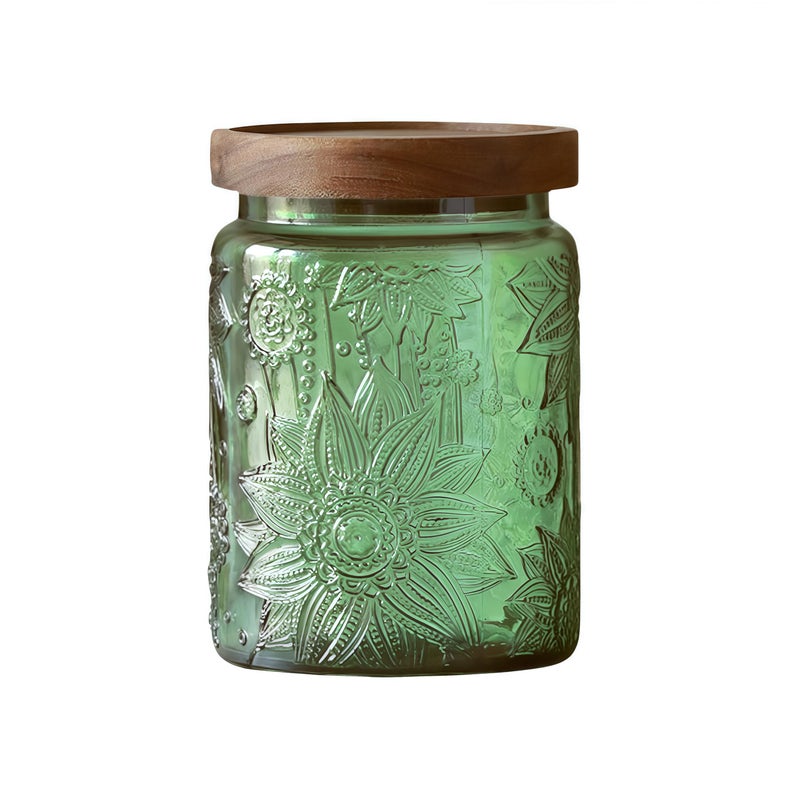 ANSQU Vintage 23.7oz Glass Storage Jar with Solid Wood Lid - Sunflower Kitchen Canister for Tea, Coffee, Candy, Cookies, Bath Salts & Laundry Detergent - Decorative Multi-Purpose Jar (Green, 1 Pack) - Image 1