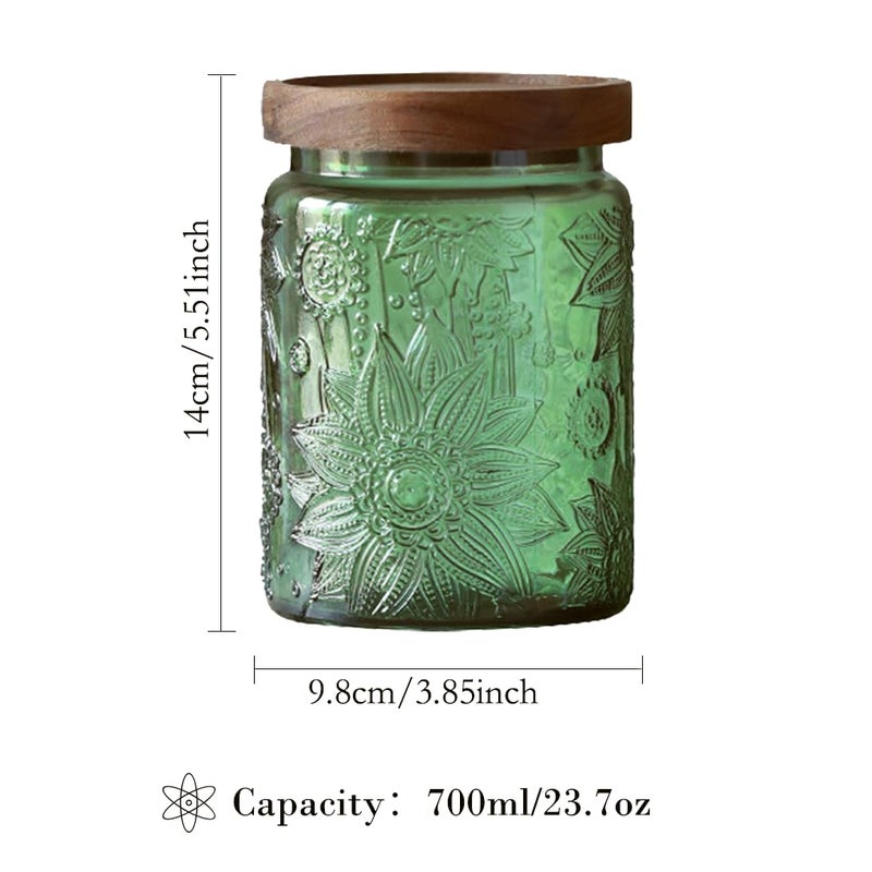 ANSQU Vintage 23.7oz Glass Storage Jar with Solid Wood Lid - Sunflower Kitchen Canister for Tea, Coffee, Candy, Cookies, Bath Salts & Laundry Detergent - Decorative Multi-Purpose Jar (Green, 1 Pack) - Image 2