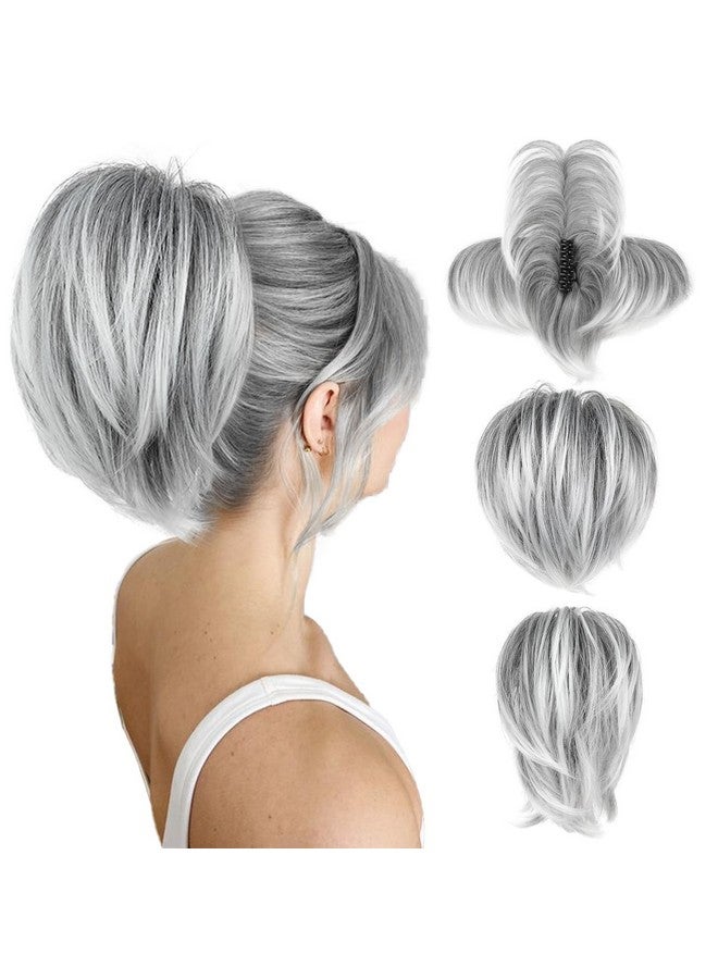 HOOJIH Ponytail Extension, Claw Clip In Ponytail Straight Messy Hair Bun 9 Inch Short Ponytail With Bendable Metal Wire Hair Pieces For Women Fake Hair Bun - Ombre Gray With Platinum Gray Tails - Image 1
