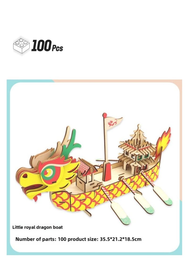 Wooden Dragon Boat Diy Dragon Boat Festival Activity Materials Students Hand-assembled Building Blocks Dragon Boat Three-dimensional Jigsaw Puzzle 3d Toys-Color:Royal Dragon Boat - Image 1