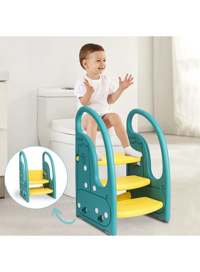 Onasti Toddler Step Stool Chair Kids 3 Step Standing Tower for Toddlers Plastic Learning Helper Stool for Kitchen Counter Bathroom Sink Toilet Potty Training with Handles and Non-Slip Pads-Green - Image 1