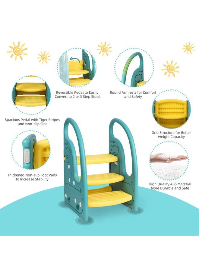 Onasti Toddler Step Stool Chair Kids 3 Step Standing Tower for Toddlers Plastic Learning Helper Stool for Kitchen Counter Bathroom Sink Toilet Potty Training with Handles and Non-Slip Pads-Green - Image 4