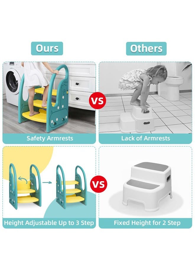 Onasti Toddler Step Stool Chair Kids 3 Step Standing Tower for Toddlers Plastic Learning Helper Stool for Kitchen Counter Bathroom Sink Toilet Potty Training with Handles and Non-Slip Pads-Green - Image 5