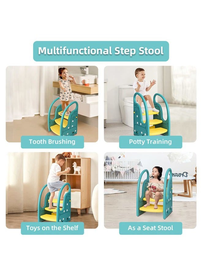 Onasti Toddler Step Stool Chair Kids 3 Step Standing Tower for Toddlers Plastic Learning Helper Stool for Kitchen Counter Bathroom Sink Toilet Potty Training with Handles and Non-Slip Pads-Green - Image 2