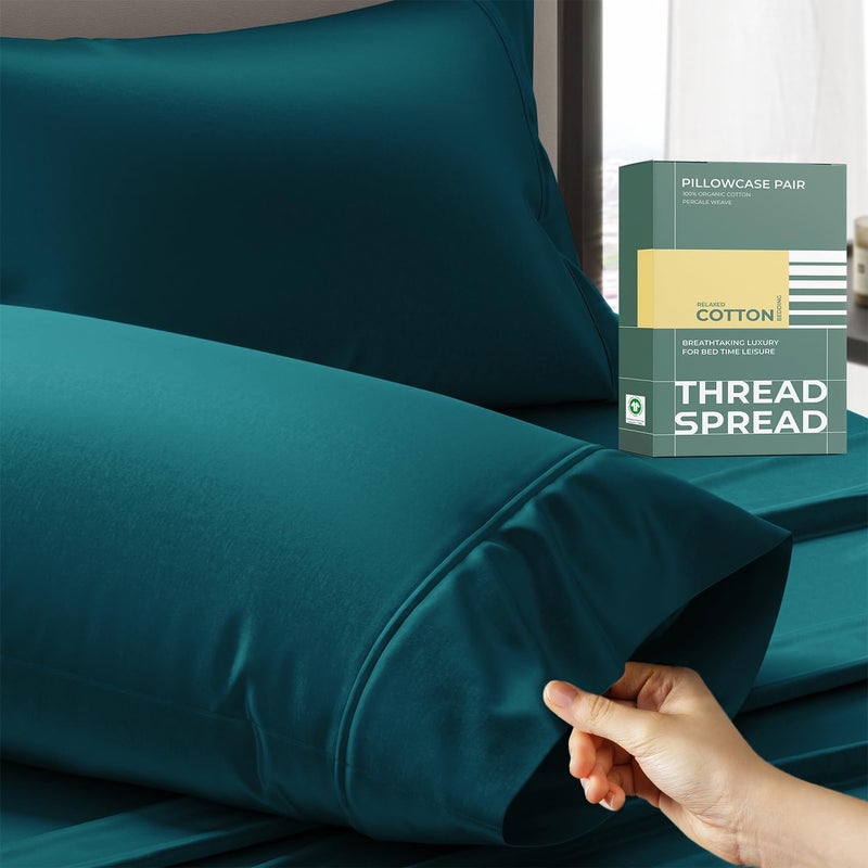 THREAD SPREAD 100% Organic Cotton King Size Pillow Cases Set of 2 - Soft, Cooling, Crisp & Breathable Organic Cotton Percale Weave Pillowcase for King Pillow (Teal), Authentic GOTS Certified - Image 1