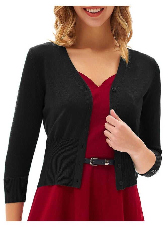 GRACE KARIN Women's Cropped Cardigan 3/4 Sleeve V-Neck Button Down Open Front Ribbed Knit Shrug Sweater Black - pzsku/Z00B547F7E8F529BD990AZ/45/_/1740982697/1ef60de2-8c6b-4423-913e-8afeb1e80d63