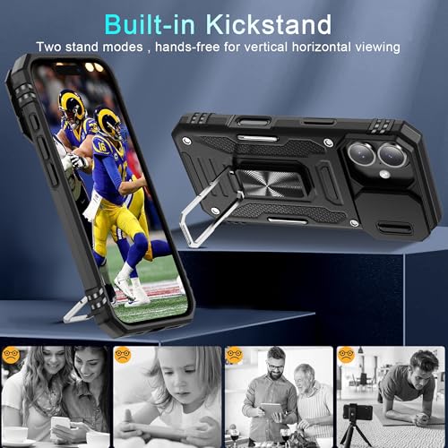 DEERLAMN Case for iPhone 16 with Slide Camera Cover+Screen Protector (2 Packs), Rotated Ring Kickstand Military Grade Shockproof Protective Cover-Black - Image 4