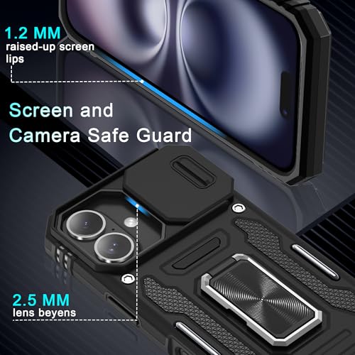 DEERLAMN Case for iPhone 16 with Slide Camera Cover+Screen Protector (2 Packs), Rotated Ring Kickstand Military Grade Shockproof Protective Cover-Black - Image 5