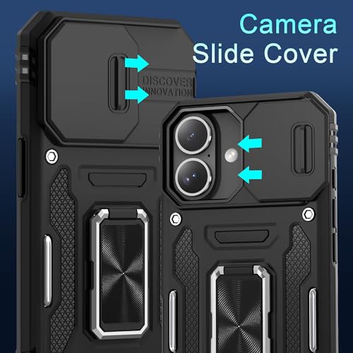 DEERLAMN Case for iPhone 16 with Slide Camera Cover+Screen Protector (2 Packs), Rotated Ring Kickstand Military Grade Shockproof Protective Cover-Black - Image 2